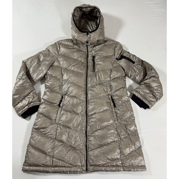 Y2K Andrew Marc XXL Metallic Hooded Down Puffer Coat 650 Fill Taupe Minimalist - Picture 3 of 14